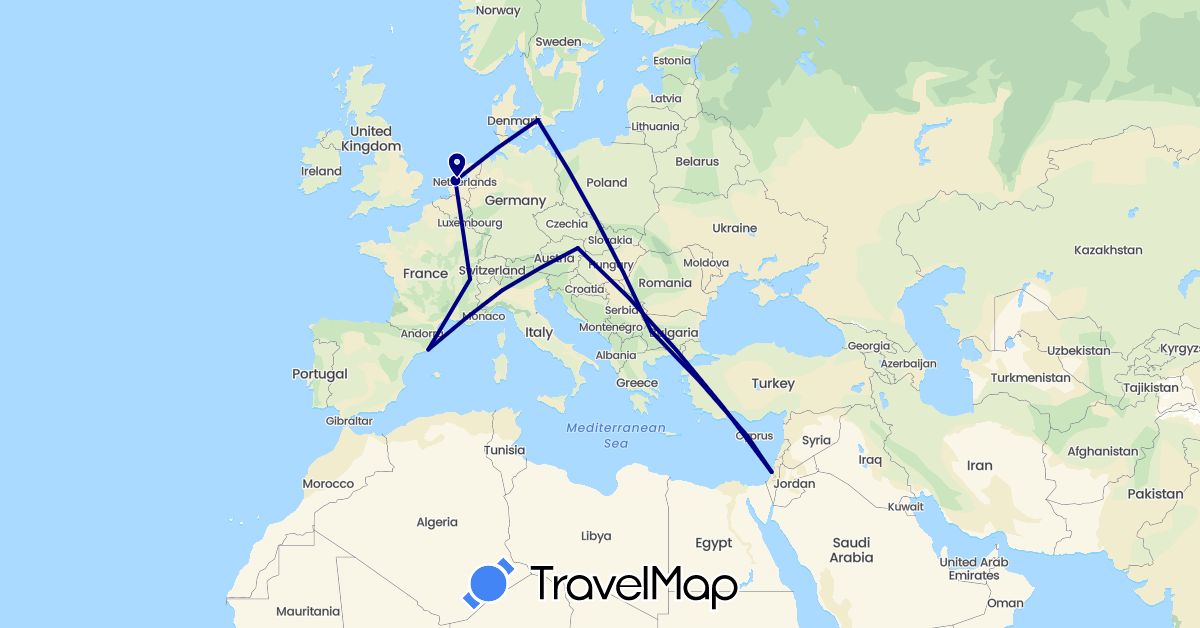 TravelMap itinerary: driving in Austria, Bulgaria, Switzerland, Cyprus, Denmark, Spain, Israel, Italy, Netherlands (Asia, Europe)